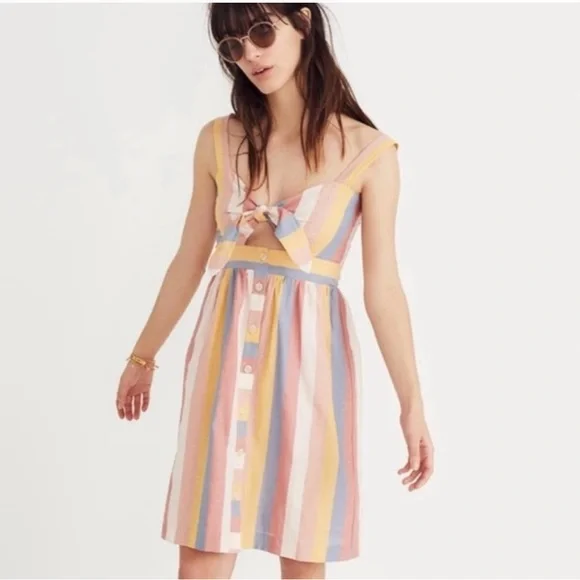 Madewell Women Dress Sherbet Stripe Tie Front Cut Out Button Up - Picture 3 of 7
